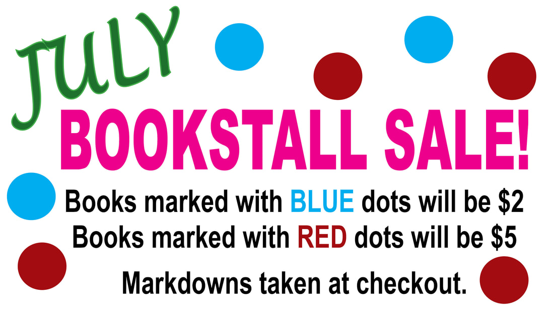 July bookstall sale with red and blue dots