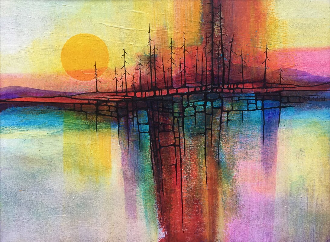 Richard Middelstadt painting of trees reflecting on water with the setting sun in the background. colors include blue, ,pink, orange, green, purple, and black trees